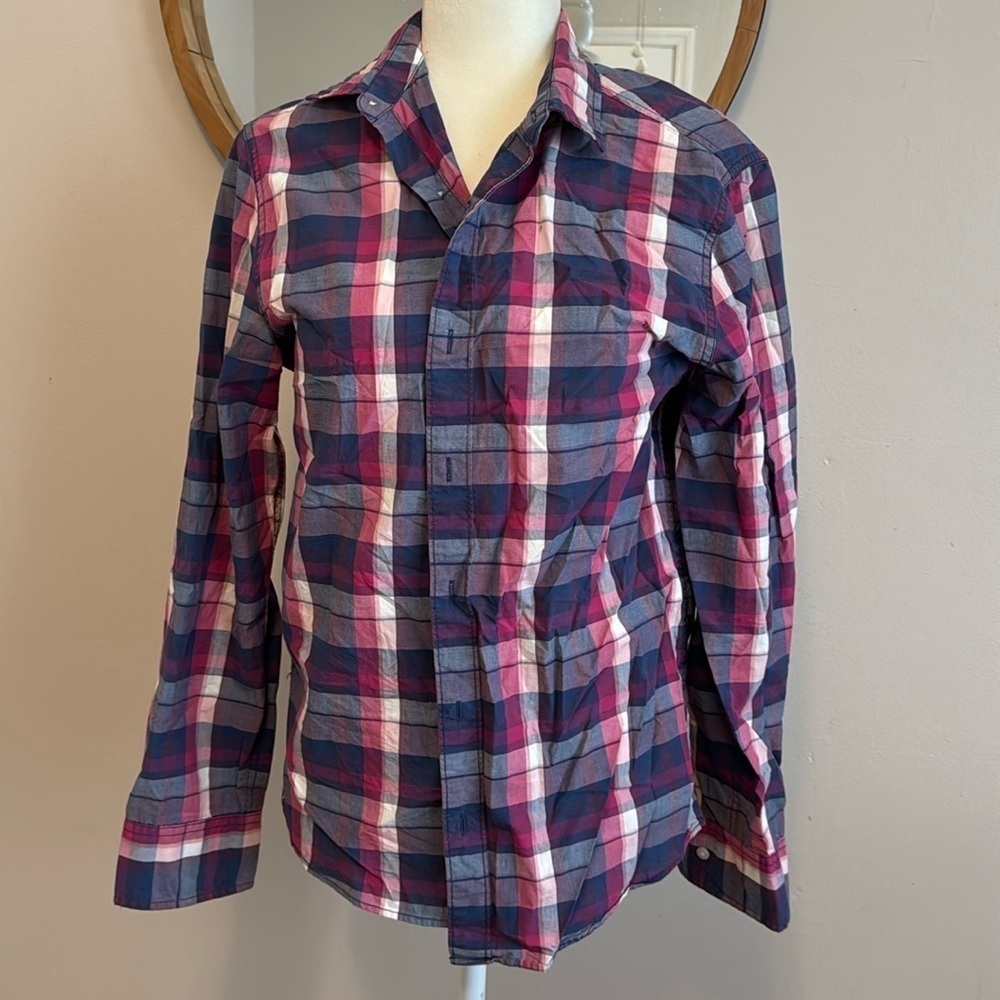 Bixby nomad slim fit pink and blue plaid shirt​​​​​